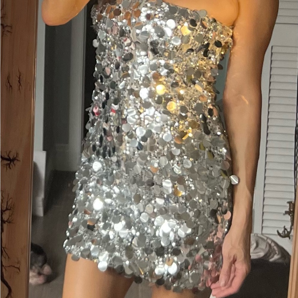Windsor Silver Sequined Strapless Mini Dress S - image 3